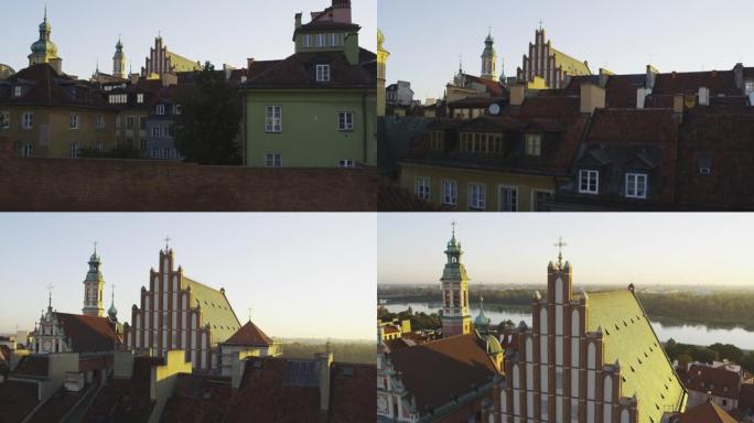遥远天际线的华沙老城鸟瞰图。从上方看教堂塔楼