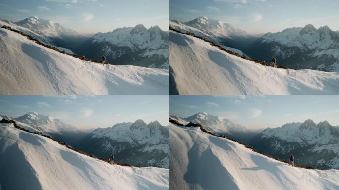 女登山者滑雪游览白雪皑皑的山脊，欣赏勃朗峰