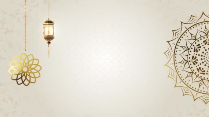 闪亮的斋月阿拉伯灯笼，旗帜，装饰金色模糊背景循环动画。