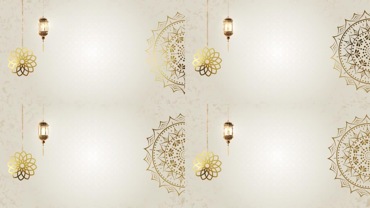闪亮的斋月阿拉伯灯笼，旗帜，装饰金色模糊背景循环动画。