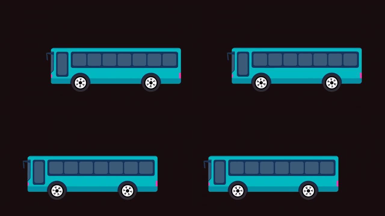 卡通巴士驾驶动画4k阿尔法频道。公交城市公共汽车旅行车辆，用于公共交通和旅游。移动长途巴士和旅游巴士