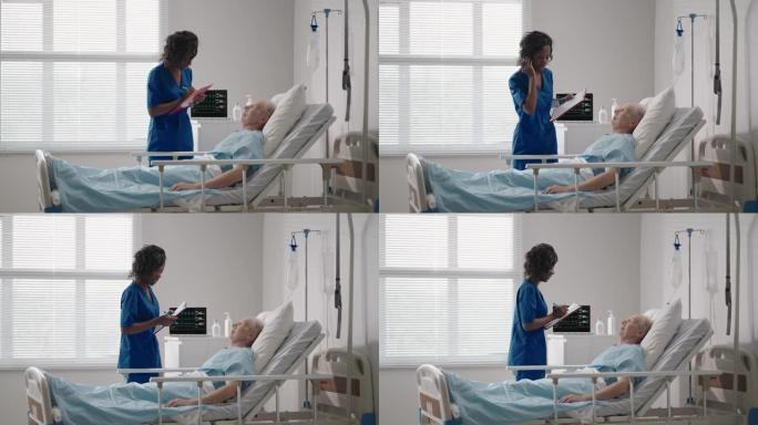 一位60-70岁的白人老人躺在医院的病床上与一位黑人女性医生交谈。与心脏病专家神经科医生讨论治疗。康