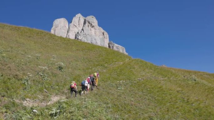 高山导游与家庭徒步旅行团体一起攀登