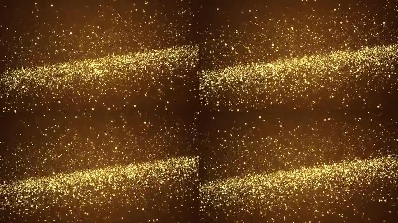 金色bokeh闪光奢华五彩纸屑颗粒。圣诞卡轻闪亮抽象节日运动循环背景。
