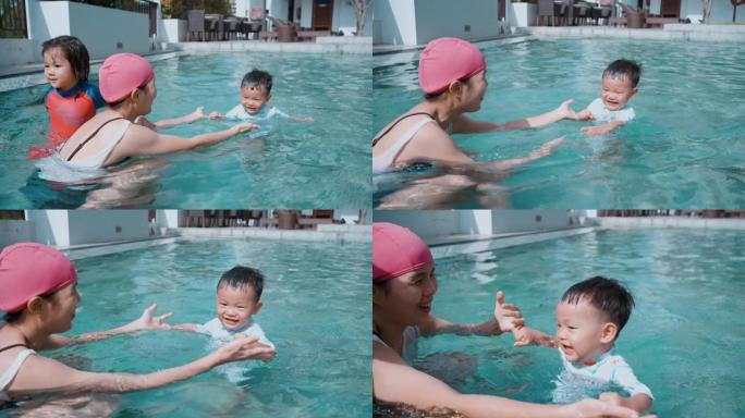 健康的家庭在度假时享受游泳的乐趣。