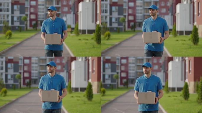 蓝色送货员在运送货物之前先将包裹发送给客户。4k分辨率和慢动作拍摄。在城市街，手里拿着包裹的男邮递员