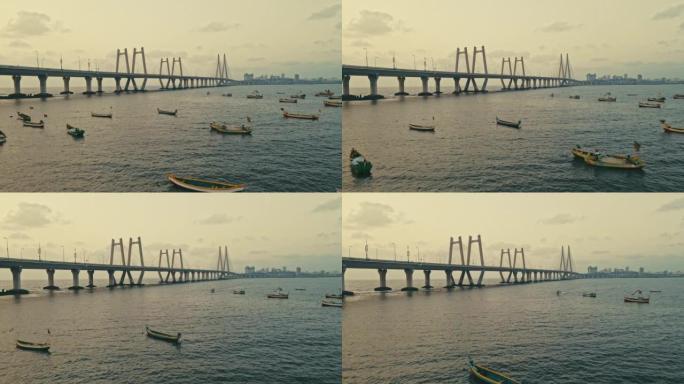 印度孟买Bandra Worli Sea Link的电影鸟瞰图。