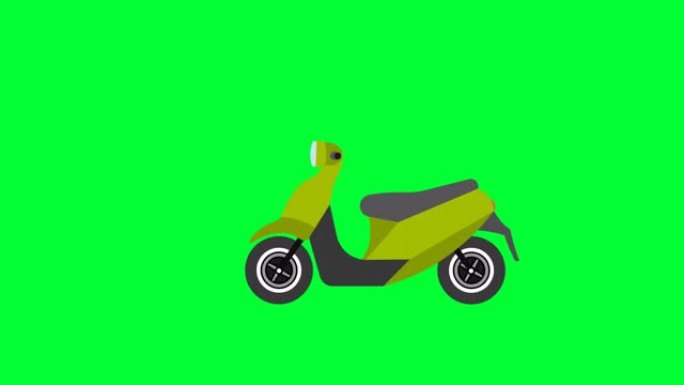 Scooty在绿色屏幕上行驶。卡通空摩托车和女孩踏板车。骑卡通玩具滑车。快递摩托车。