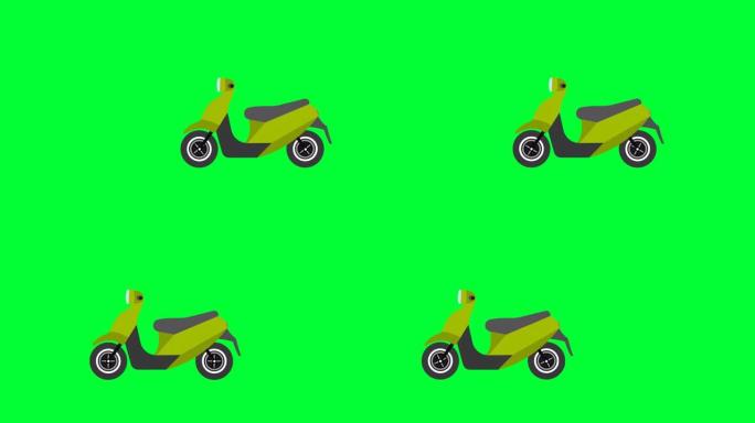 Scooty在绿色屏幕上行驶。卡通空摩托车和女孩踏板车。骑卡通玩具滑车。快递摩托车。