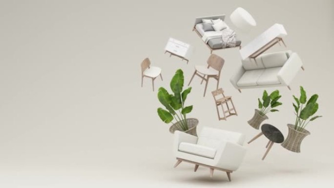 咖啡桌扶手椅床和植物壶环绕的粉彩沙发最小概念3d渲染循环动画