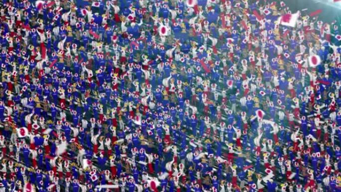 体育场看台上印有日本国旗颜色的人群。激动的足球迷挥舞着旗帜