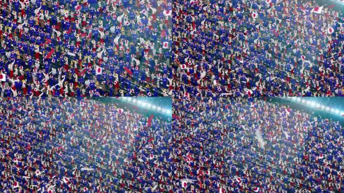 体育场看台上印有日本国旗颜色的人群。激动的足球迷挥舞着旗帜