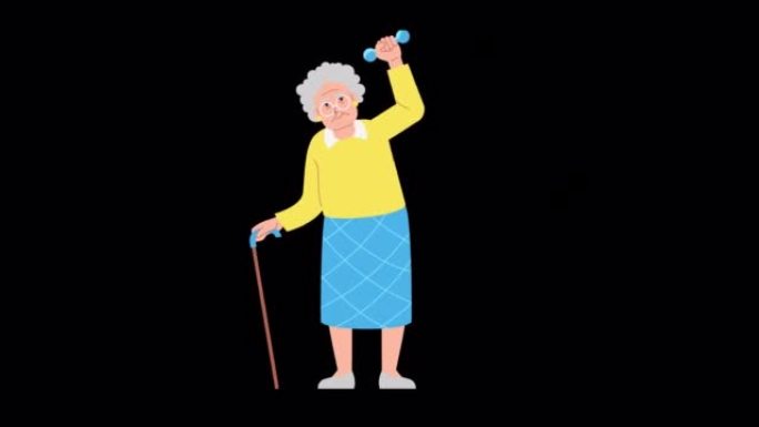 老太太做练习动画阿尔法频道。运动，积极生活，老年人健康的生活方式。祖母用哑铃健身。循环动画股票视频。