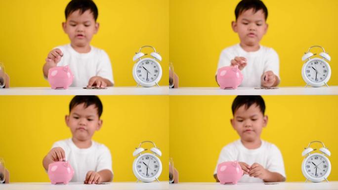Save money Asian boy in white shirt is saving coin