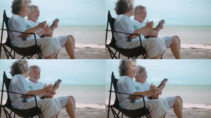 老年夫妇在海滩上休闲活动。