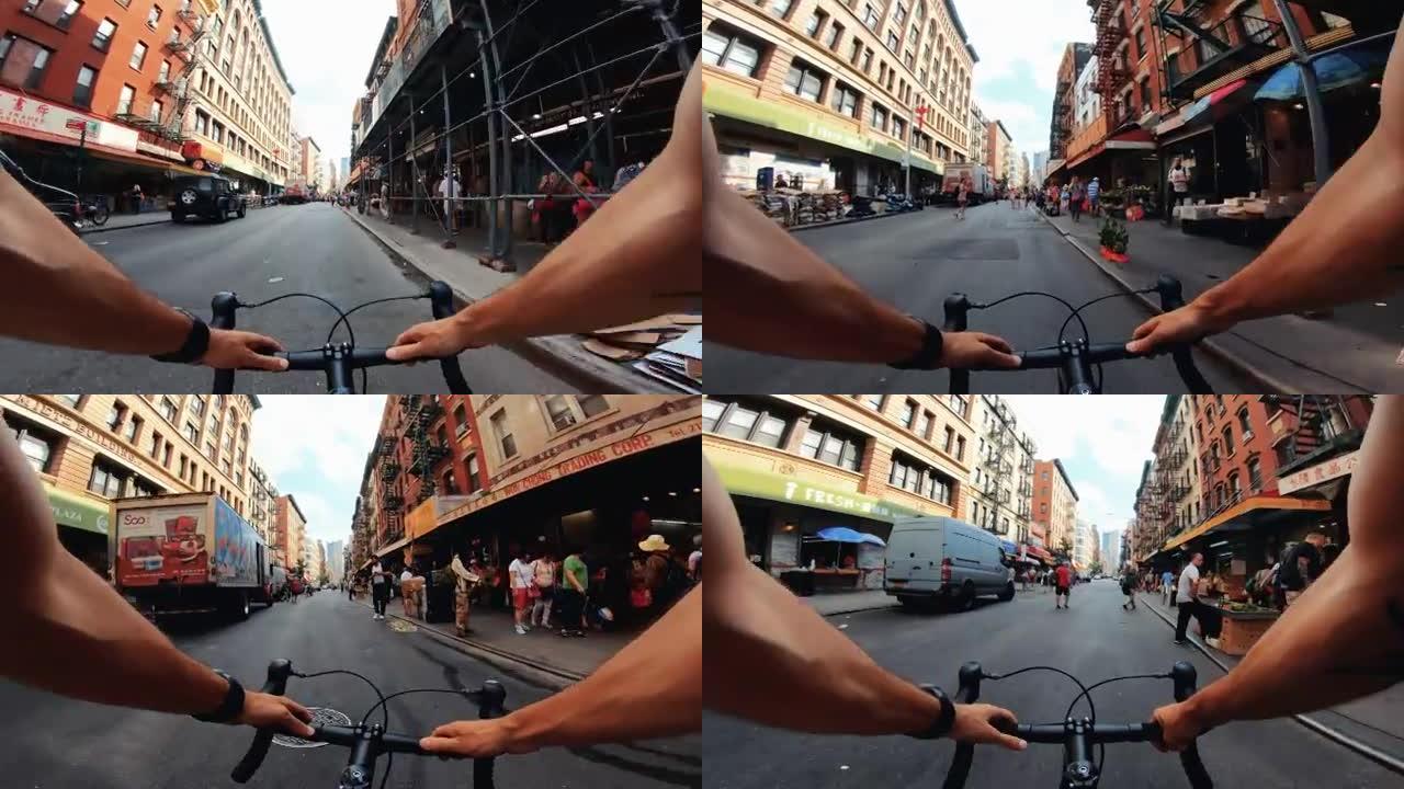 POV自行车骑行: 纽约唐人街的公路赛车通勤者