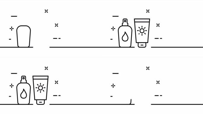 防晒霜。护肤，保湿霜，防晒，防晒，水滴，用于面部和身体，晒黑，日光浴。化妆品概念。一个线条画动画。运