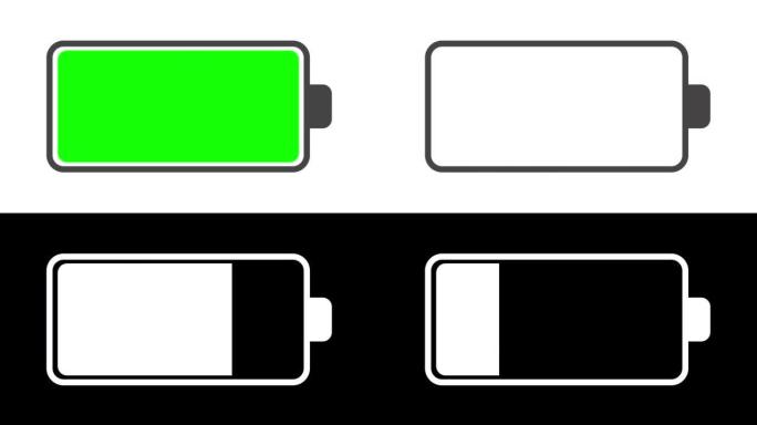 电池图标充电的图形动画，alpha通道 (透明背景) 和亮度哑光中的增加和减少动画。技术概念。