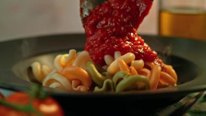 将SLO MO番茄酱添加到意大利面上