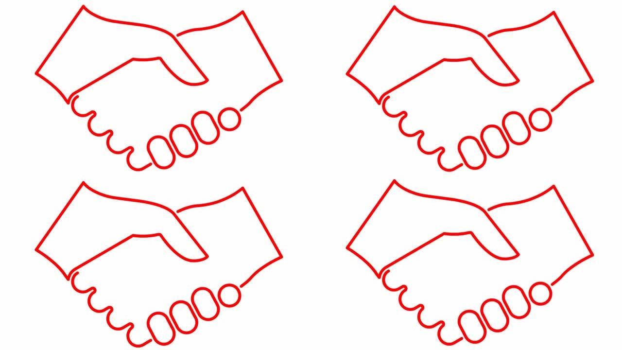 动画红色握手图标。交易、协议、伙伴关系的概念。矢量线性插图孤立在白色背景上。