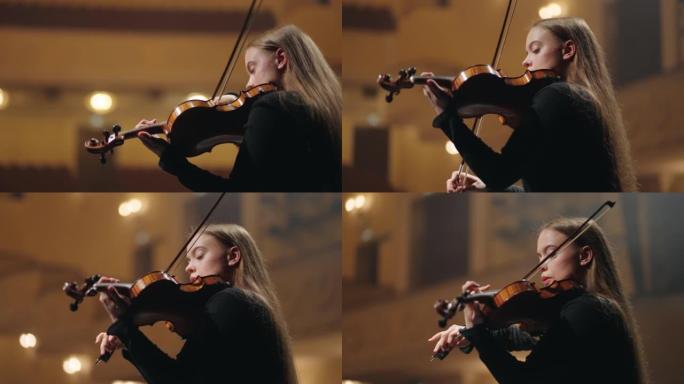 老歌剧院女小提琴家肖像，经典音乐音乐会，女士在拉小提琴