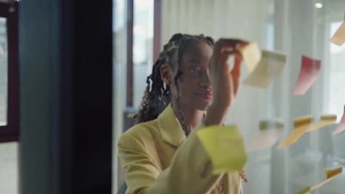 非裔美国商业女性在玻璃板上的便利贴上写任务和创意，女性公司领导策划贴贴便利贴上的项目