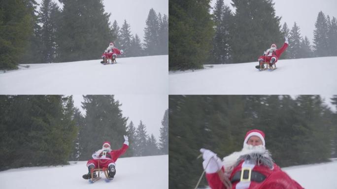 男人打扮成圣诞老人在森林里骑着雪橇