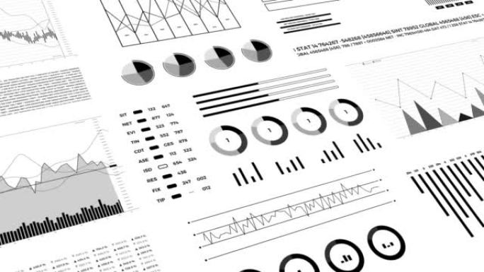 财务业务背景，包括图表、统计图和数据报告。财务分析概念。黑白4K 3D动画