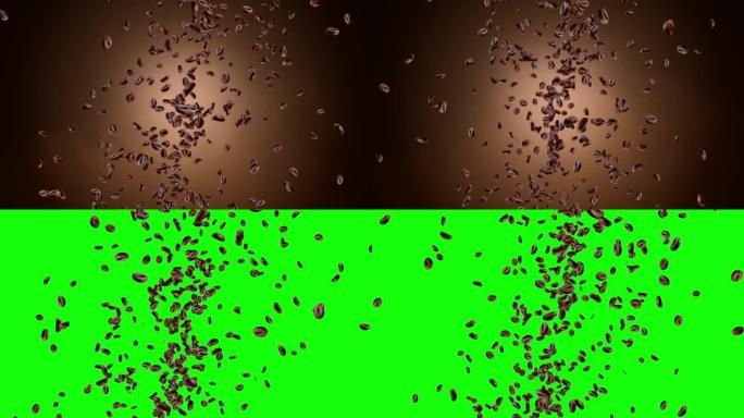咖啡豆在飞行中的黑暗循环背景动画。