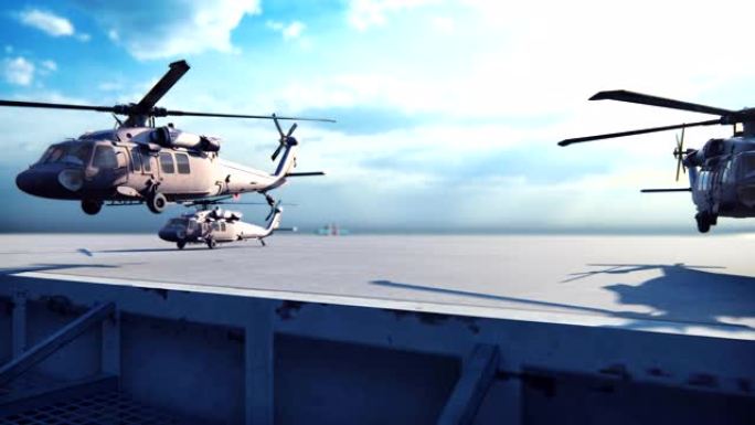 军用直升机 “黑鹰” 号在无边无际的蓝色海中从航空母舰上起飞