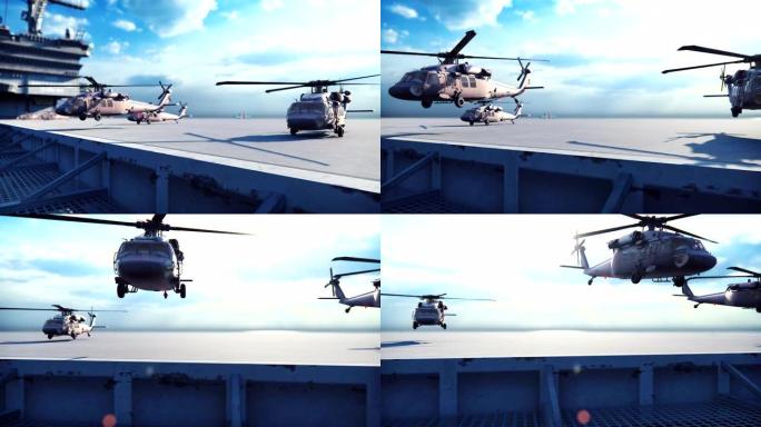 军用直升机 “黑鹰” 号在无边无际的蓝色海中从航空母舰上起飞