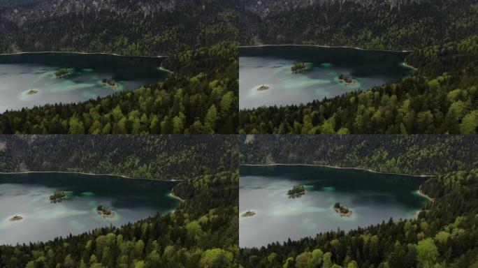 空中无人机在阴天拍摄山区湖泊