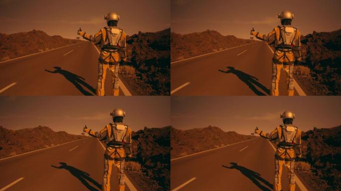 火星上的超现实之旅。女宇航员在沙漠公路上搭便车