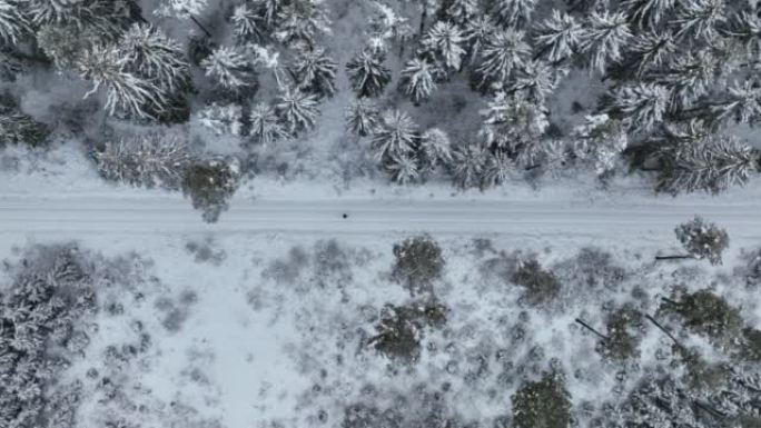 空中无人机拍摄了一名妇女在树林中沿雪道行走的镜头