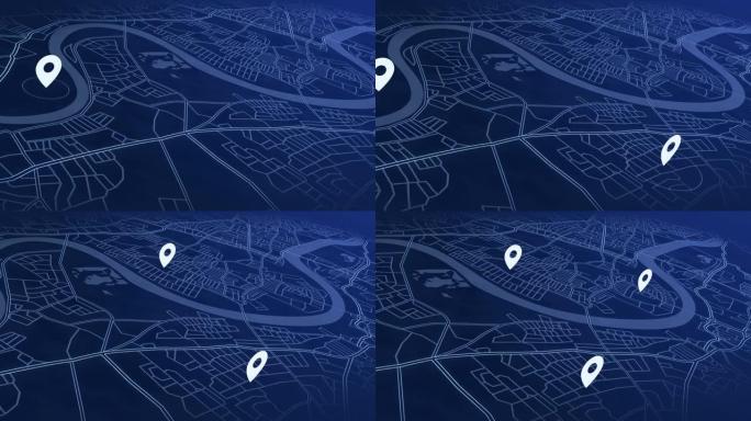 gps地图导航系统动画路线目的地3d城市街道。搜索方向、轨迹或地址。引脚位置检测。测绘技术与定位高科