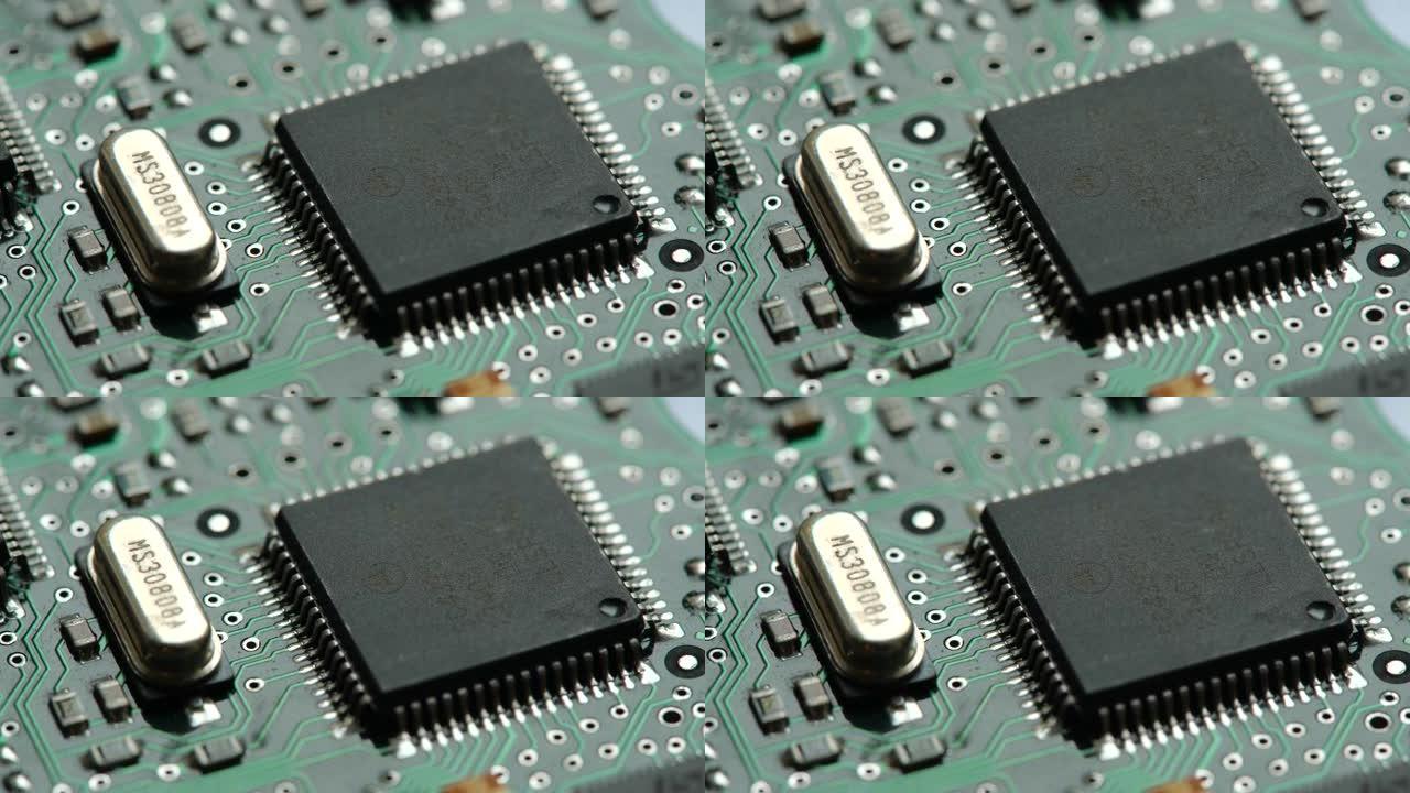 小型微处理器，通用现代台式电脑主板上的微控制器芯片，对象宏，极端特写，放大，没有电气元件短缺概念，电