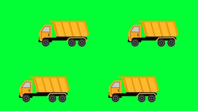 自卸车驾驶与集装箱在绿屏动画。用于运输货物和商业送货服务车辆的自卸车。卡通皮卡货车货运货车。