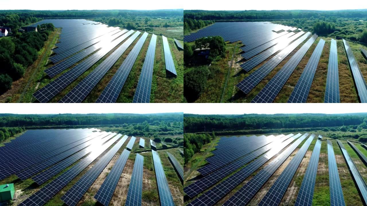 太阳光下太阳能电池板农场 (太阳能电池) 的鸟瞰图