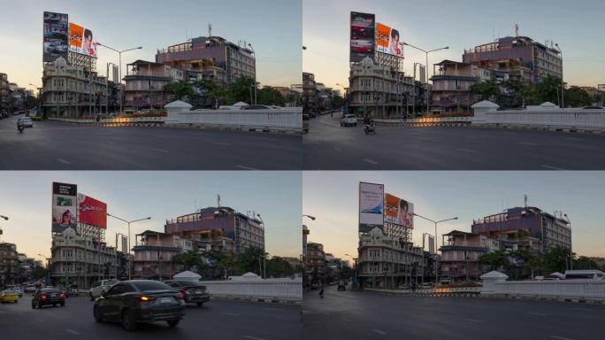 日落天空曼谷市中国城交通街十字路口全景4k延时泰国