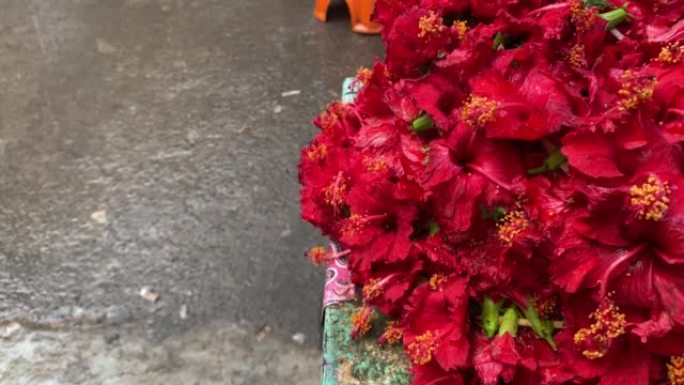 芙蓉花正在Kalighat市场上出售给奉献者。Vieo在孟加拉新年的Kalighat开枪。