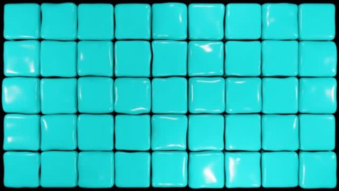 绿松石软立方体随机移动图案。果冻立方体翘曲。抽象框3d渲染。带有柔和的绿松石盒子跳跃的抽象背景。3D