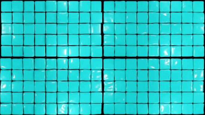 绿松石软立方体随机移动图案。果冻立方体翘曲。抽象框3d渲染。带有柔和的绿松石盒子跳跃的抽象背景。3D