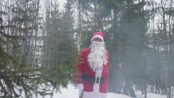 打扮成圣诞老人的男人带着手杖穿过森林，背后有烟