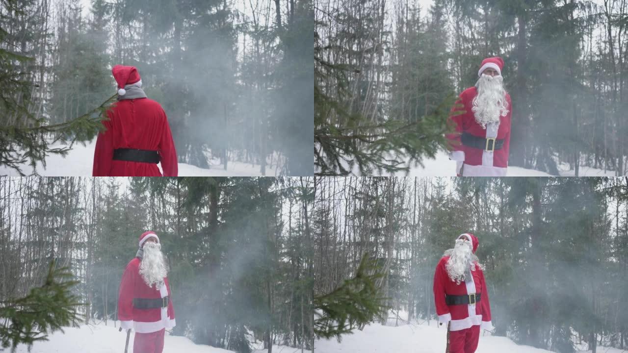 打扮成圣诞老人的男人带着手杖穿过森林，背后有烟