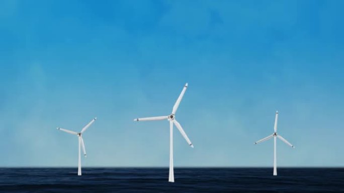 风力涡轮机农场，风车农场螺旋桨在风环动画背景中旋转。