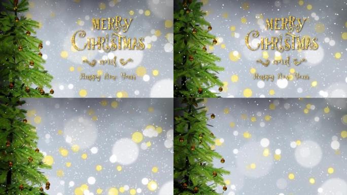 3d新年和圣诞节概念循环动画，彩灯装饰的树
