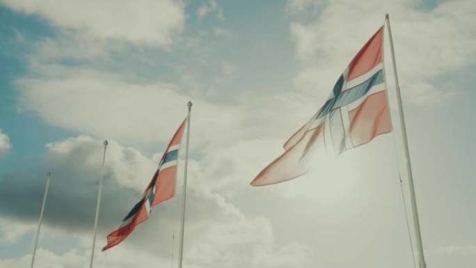 蓝天上的挪威国旗旗帜飘扬特写视频素材