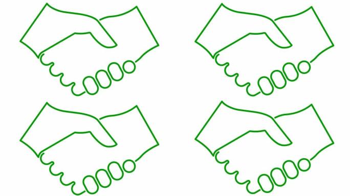 动画绿色握手图标。交易、协议、伙伴关系的概念。矢量线性插图孤立在白色背景上。