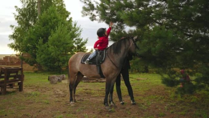 骑马在大自然中，小男孩坐在小马背上，和教练一起在牧场散步