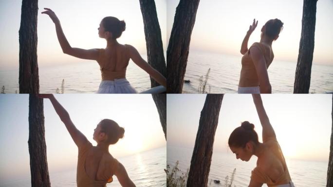 苗条优雅的芭蕾舞演员在海上夏日黎明的背景下移动双手的中拍。现场摄像机跟随才华横溢的高加索女人在日出时